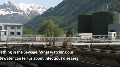 Picture of a sewage treatment plant over a waterway. Mountains in the background. Title "Something in the Sewage: What watching our wastewater can tell us about infectious diseases" and the date "March 9, 2023"